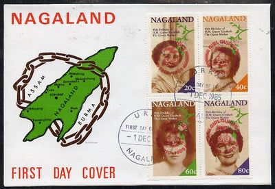 Nagaland 1985 Life & Times of HM Queen Mother perf set of 4 with Girl Guide 75th Anniversary opt in red, on cover with first day cancel