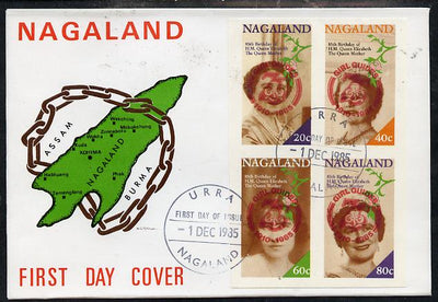 Nagaland 1985 Life & Times of HM Queen Mother imperf set of 4 with Girl Guide 75th Anniversary opt in red, on cover with first day cancel