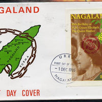 Nagaland 1985 Life & Times of HM Queen Mother imperf deluxe sheet (2ch value) with Girl Guide 75th Anniversary opt in red, on cover with first day cancel