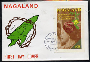 Nagaland 1985 Life & Times of HM Queen Mother imperf deluxe sheet (2ch value) with Girl Guide 75th Anniversary opt in red, on cover with first day cancel