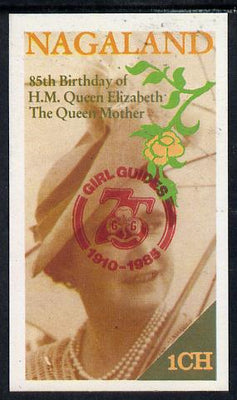 Nagaland 1985 Life & Times of HM Queen Mother imperf souvenir sheet (1ch value) with Girl Guide 75th Anniversary opt in red unmounted mint