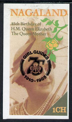 Nagaland 1985 Life & Times of HM Queen Mother imperf souvenir sheet (1ch value) with Girl Guide 75th Anniversary opt in black unmounted mint