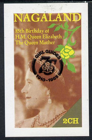 Nagaland 1985 Life & Times of HM Queen Mother imperf deluxe sheet (2ch value) with Girl Guide 75th Anniversary opt in black unmounted mint