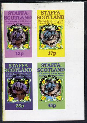 Staffa 1985 Life & Times of HM Queen Mother imperf set of 4 with Girl Guide 75th Anniversary opt in black unmounted mint