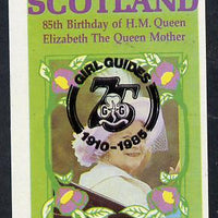 Staffa 1985 Life & Times of HM Queen Mother imperf souvenir sheet (£1 value) with Girl Guide 75th Anniversary opt in black unmounted mint