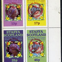 Staffa 1985 Life & Times of HM Queen Mother perf set of 4 with Girl Guide 75th Anniversary opt in red unmounted mint