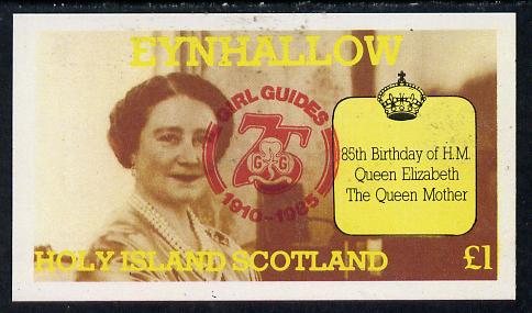 Eynhallow 1985 Life & Times of HM Queen Mother imperf souvenir sheet (£1 value) with Girl Guide 75th Anniversary opt in red unmounted mint