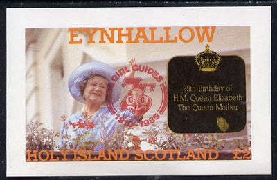 Eynhallow 1985 Life & Times of HM Queen Mother imperf deluxe sheet (£2 value) with Girl Guide 75th Anniversary opt in red unmounted mint