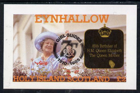 Eynhallow 1985 Life & Times of HM Queen Mother imperf deluxe sheet (£2 value) with Girl Guide 75th Anniversary opt in black unmounted mint