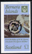 Bernera 1985 Life & Times of HM Queen Mother imperf souvenir sheet (£1 value) with Girl Guide 75th Anniversary opt in black unmounted mint