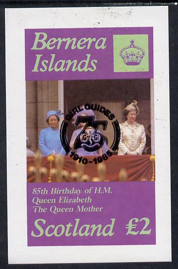 Bernera 1985 Life & Times of HM Queen Mother imperf deluxe sheet (£2 value) with Girl Guide 75th Anniversary opt in black unmounted mint