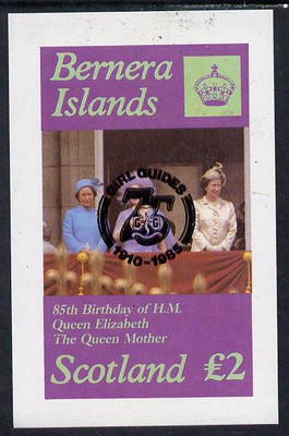 Bernera 1985 Life & Times of HM Queen Mother imperf deluxe sheet (£2 value) with Girl Guide 75th Anniversary opt in black unmounted mint