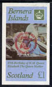 Bernera 1985 Life & Times of HM Queen Mother imperf souvenir sheet (£1 value) with Girl Guide 75th Anniversary opt in red unmounted mint