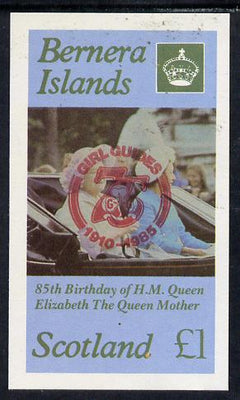 Bernera 1985 Life & Times of HM Queen Mother imperf souvenir sheet (£1 value) with Girl Guide 75th Anniversary opt in red unmounted mint