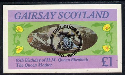 Gairsay 1985 Life & Times of HM Queen Mother imperf souvenir sheet (£1 value) with Girl Guide 75th Anniversary opt in black unmounted mint