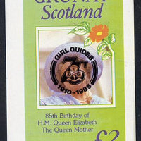 Grunay 1985 Life & Times of HM Queen Mother imperf deluxe sheet (£2 value) with Girl Guide 75th Anniversary opt in black unmounted mint