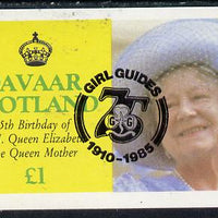 Davaar Island 1985 Life & Times of HM Queen Mother imperf souvenir sheet (£1 value) with Girl Guide 75th Anniversary opt in black unmounted mint