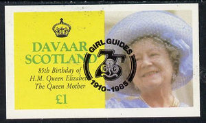 Davaar Island 1985 Life & Times of HM Queen Mother imperf souvenir sheet (£1 value) with Girl Guide 75th Anniversary opt in black unmounted mint