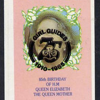 Calve Island 1985 Life & Times of HM Queen Mother imperf souvenir sheet (£1 value) with Girl Guide 75th Anniversary opt in black unmounted mint