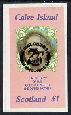 Calve Island 1985 Life & Times of HM Queen Mother imperf souvenir sheet (£1 value) with Girl Guide 75th Anniversary opt in black unmounted mint