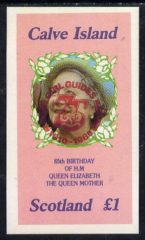 Calve Island 1985 Life & Times of HM Queen Mother imperf souvenir sheet (£1 value) with Girl Guide 75th Anniversary opt in red unmounted mint