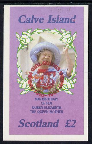 Calve Island 1985 Life & Times of HM Queen Mother imperf deluxe sheet (£2 value) with Girl Guide 75th Anniversary opt in red unmounted mint