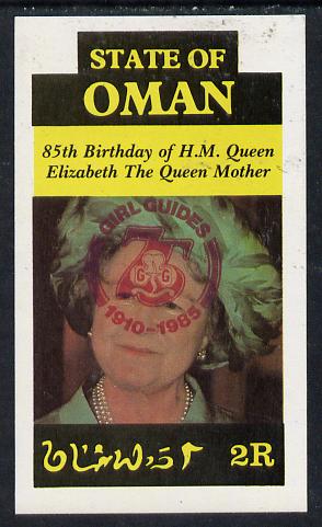 Oman 1985 Life & Times of HM Queen Mother imperf souvenir sheet (2R value) with Girl Guide 75th Anniversary opt in red unmounted mint