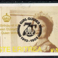 Eritrea 1985 Life & Times of HM Queen Mother imperf souvenir sheet ($160 value) with Girl Guide 75th Anniversary opt in black unmounted mint