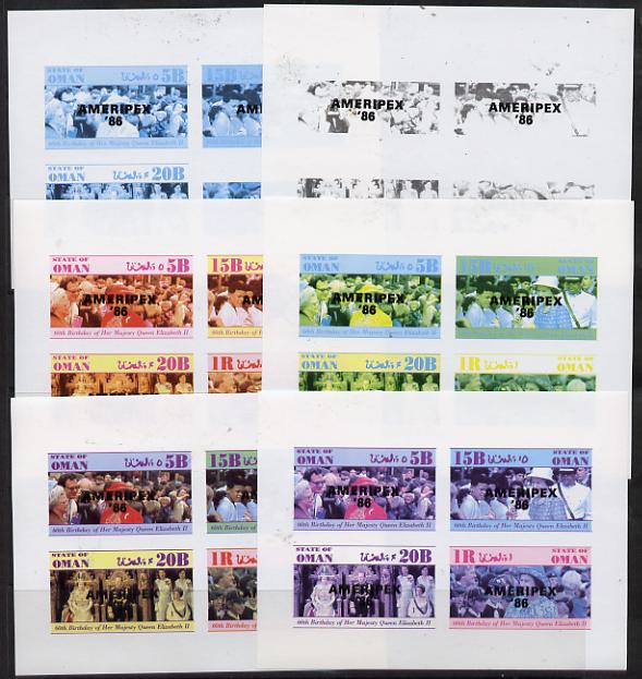 Oman 1986 Queen's 60th Birthday imperf set of 4 with AMERIPEX opt in black (1R value shows Cub-Scouts in crowd) set of 6 progressive proofs comprising single & composite combinations incl completed design unmounted mint