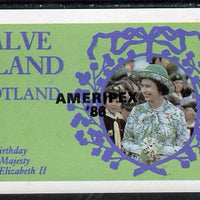 Calve Island 1986 Queen's 60th Birthday imperf deluxe sheet (£2 value with Cub-Scouts in crowd) with AMERIPEX opt in black unmounted mint