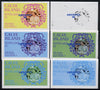 Calve Island 1986 Queen's 60th Birthday imperf deluxe sheet (£2 value with Cub-Scouts in crowd) with AMERIPEX opt in blue, set of 6 imperf progressive proofs comprising single & composite combinations incl completed design unmounted mint