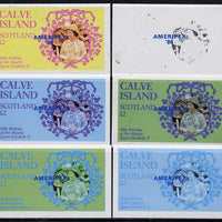 Calve Island 1986 Queen's 60th Birthday imperf deluxe sheet (£2 value with Cub-Scouts in crowd) with AMERIPEX opt in blue, set of 6 imperf progressive proofs comprising single & composite combinations incl completed design unmounted mint