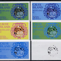 Calve Island 1986 Queen's 60th Birthday imperf deluxe sheet (£2 value with Cub-Scouts in crowd) set of 6 imperf progressive proofs comprising single & composite combinations incl completed design unmounted mint