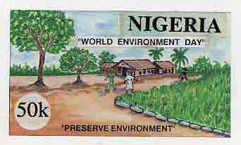 Nigeria 1993 World Environment Day - original hand-painted artwork for 50k value showing small-holding, by unknown artist on board 8.5"x5", endorsed A2