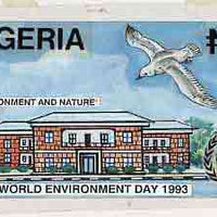 Nigeria 1993 World Environment Day - original hand-painted artwork for N2 value showing Bird flying over House by Godrick N Osuji, on card 8.5"x5", endorsed D1