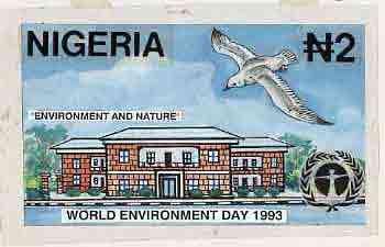 Nigeria 1993 World Environment Day - original hand-painted artwork for N2 value showing Bird flying over House by Godrick N Osuji, on card 8.5