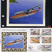 Jersey 1987 50th Anniversary of Jersey Airport - original hand-painted artwork,by Gordon G Davies showing Shorts 330 approaching Jersey, as used to illustrate Benham silk first day cover, approx 5" x 4" plus the matching Benham si……Details Below