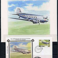 Isle of Man 1984 50th Anniversary of First Air Mail & ICAO Anniversary - original hand-painted artwork by A D Theobald showing BEA Douglas DC-3, as used to illustrate Benham silk first day cover (26p value), mounted on board 6" x ……Details Below