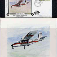 Isle of Man 1984 50th Anniversary of First Air Mail & ICAO Anniversary - original hand-painted artwork by A D Theobald showing Norman Islander, as used to illustrate Benham silk first day cover (31p value), mounted on board 6" x 4……Details Below