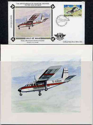 Isle of Man 1984 50th Anniversary of First Air Mail & ICAO Anniversary - original hand-painted artwork by A D Theobald showing Norman Islander, as used to illustrate Benham silk first day cover (31p value), mounted on board 6" x 4……Details Below