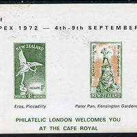 Exhibition souvenir sheet for 1972 Showpex showing New Zealand Health Stamps (Statues of Peter Pan & Eros) unmounted mint