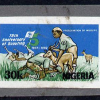 Nigeria 1982 75th Anniversary of Scouting 30k (Preservation of Wildlife) imperf machine proof as issued stamp mounted on grey card