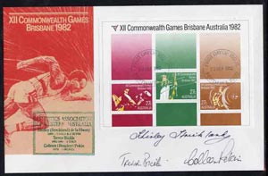 Australia 1982 Commonwealth Games m/sheet on cover with first day cancels and signed by Shirley Strickland, Trevor Bickle and Colleen Pekin, SG MS 863