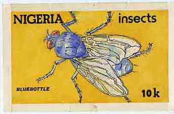 Nigeria 1986 Insects - original hand-painted artwork (unaccepted) essay for 10k value (Bluebottle) on card 8.5