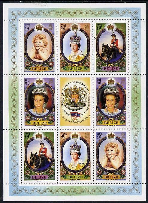 Belize 1986 60th Birthday of Queen Elizabeth II perf sheetlet containing 2 sets of 4 plus label unmounted mint SG 905-8