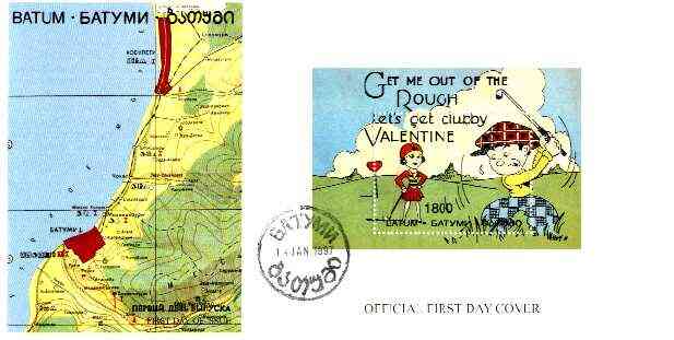 Batum 1997 Valentines Couple playing Golf perf s/sheet on illustrated first day cover