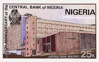 Nigeria 1984 25th Anniversary of Central Bank - original hand-painted artwork for 25k value (showing Central Bank) by unknown artist on card 5" x 8.5"