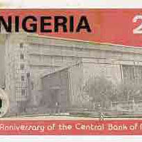 Nigeria 1984 25th Anniversary of Central Bank - original hand-painted composite artwork for 25k value (showing Central Bank) by unknown artist on card 5" x 8.5"