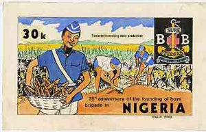 Nigeria 1983 Boys Brigade 75th Anniversary - original hand-painted artwork for 30k value (Harvesting Cassava) by Francis Nwaije Isibor on card 8.5" x 5" endorsed B1