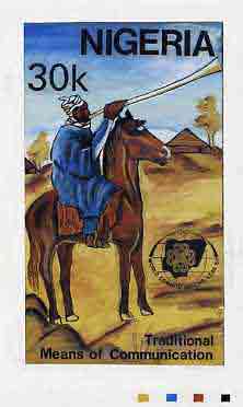 Nigeria 1983 World Communications Year - original hand-painted artwork for 30k value (Town Cryer on Horseback) by Mrs A Adeyeye on board 5